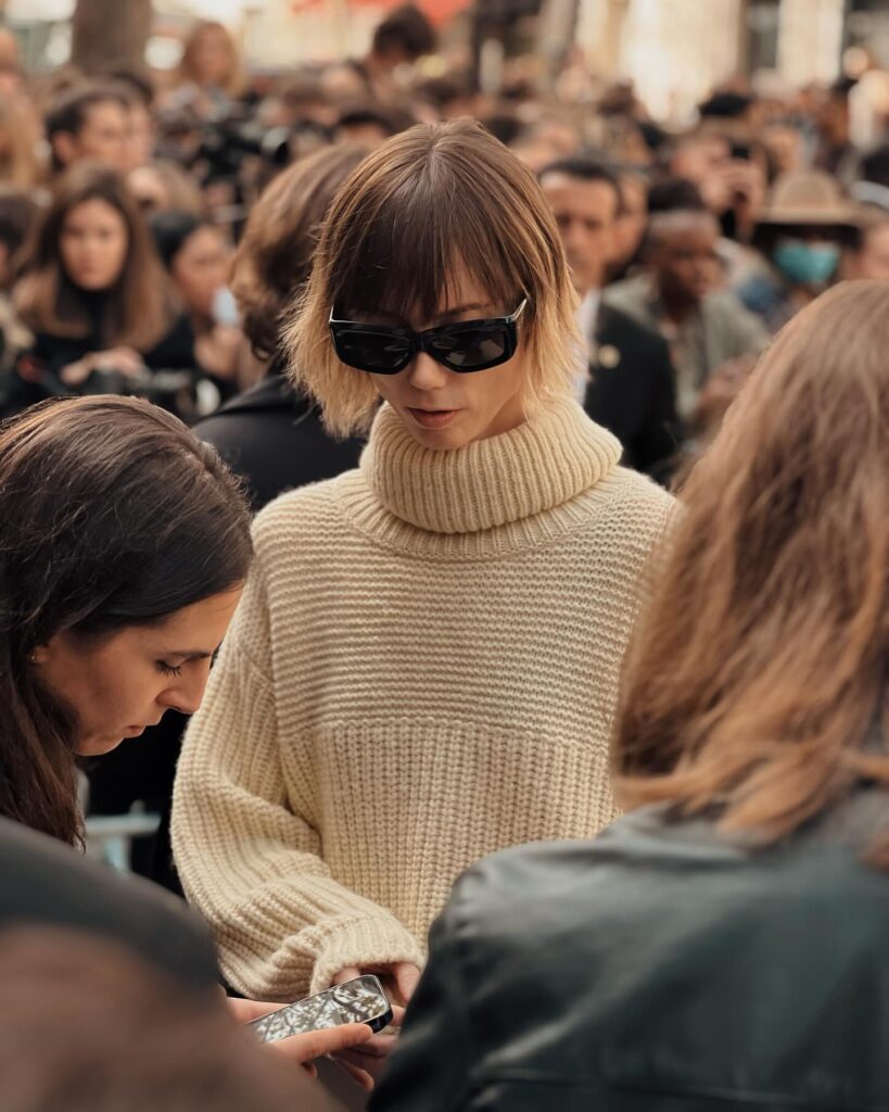 Anya Ziourova at the Hermès show during Paris Fashion Week 2023.