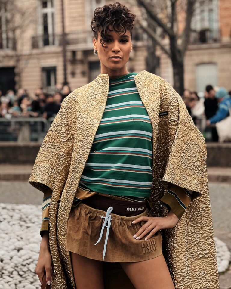 Cindy Bruna at the Miu Miu show during Paris Fashion Week 2024.