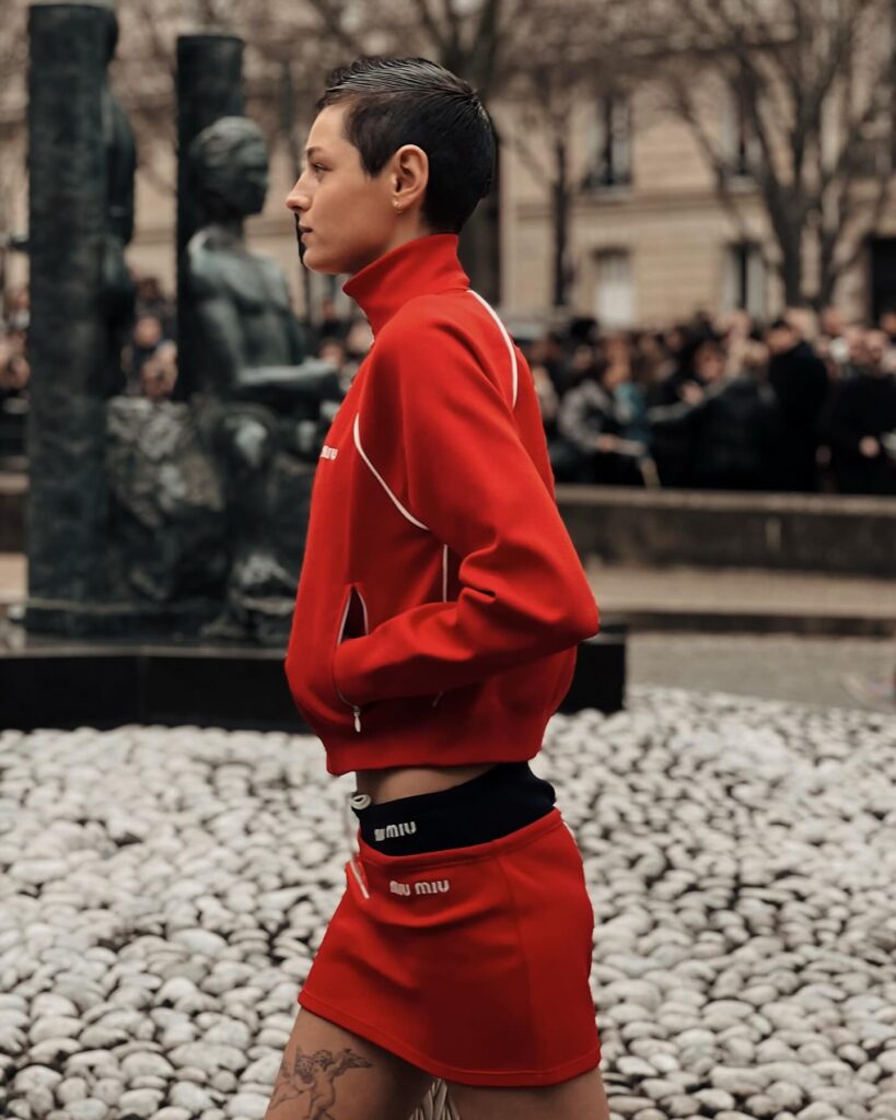 Emma Corrin at the Miu Miu show during Paris Fashion Week 2024.