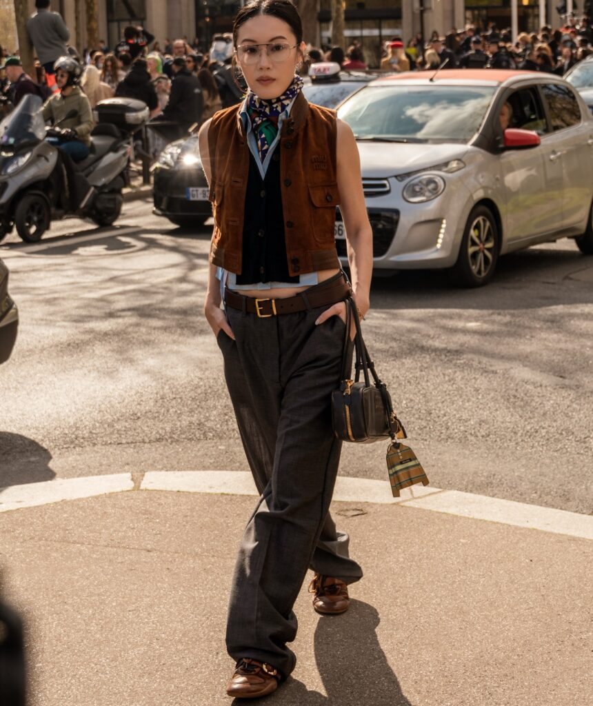 Jenny Tsang at the Miu Miu show during Fashion Week in Paris 2026.