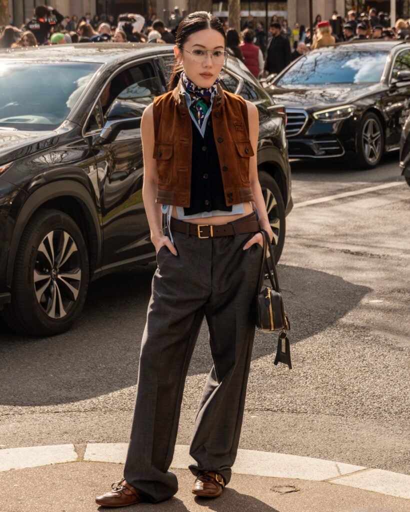 Jenny Tsang at the Miu Miu show during Fashion Week in Paris 2026.