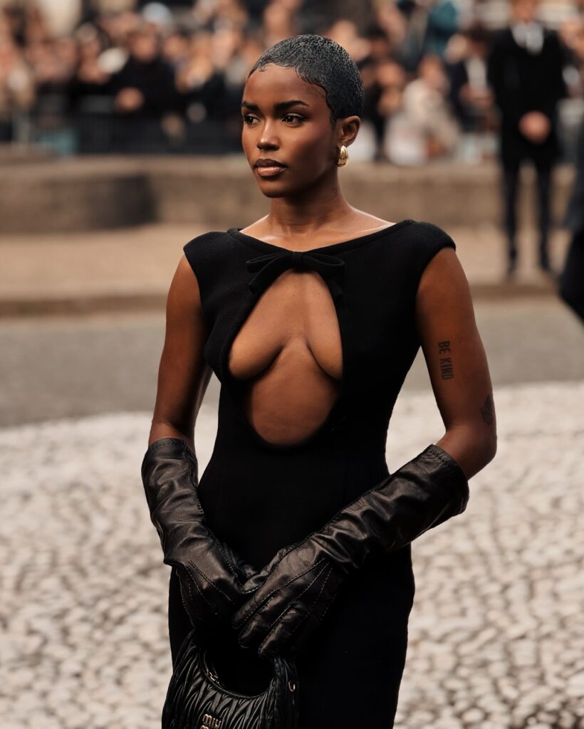 Guest at the Miu Miu show during Paris Fashion Week 2024.