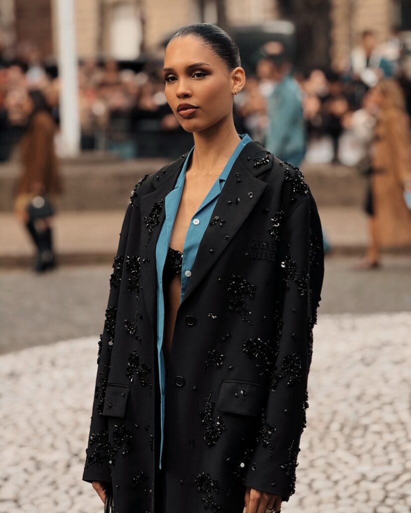 Nara Smith at the Miu Miu show during Paris Fashion Week 2024.