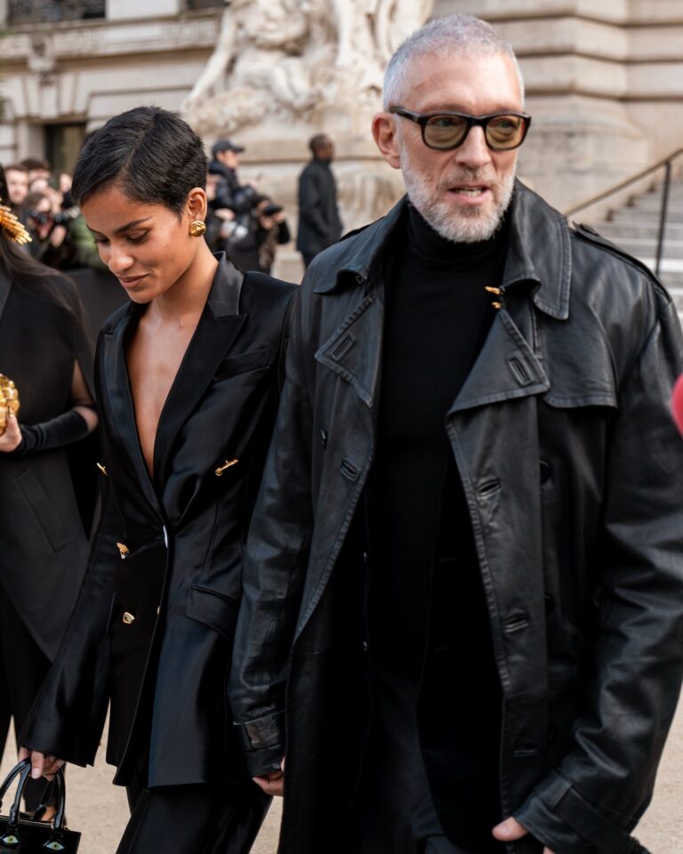 Narah Baptista, Vincent Cassel at the Schiaparelli show during Haute Couture in Paris 2026.