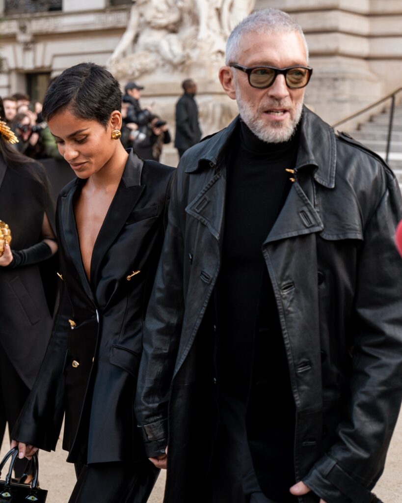 Narah Baptista, Vincent Cassel at the Schiaparelli show during Haute Couture in Paris 2026.